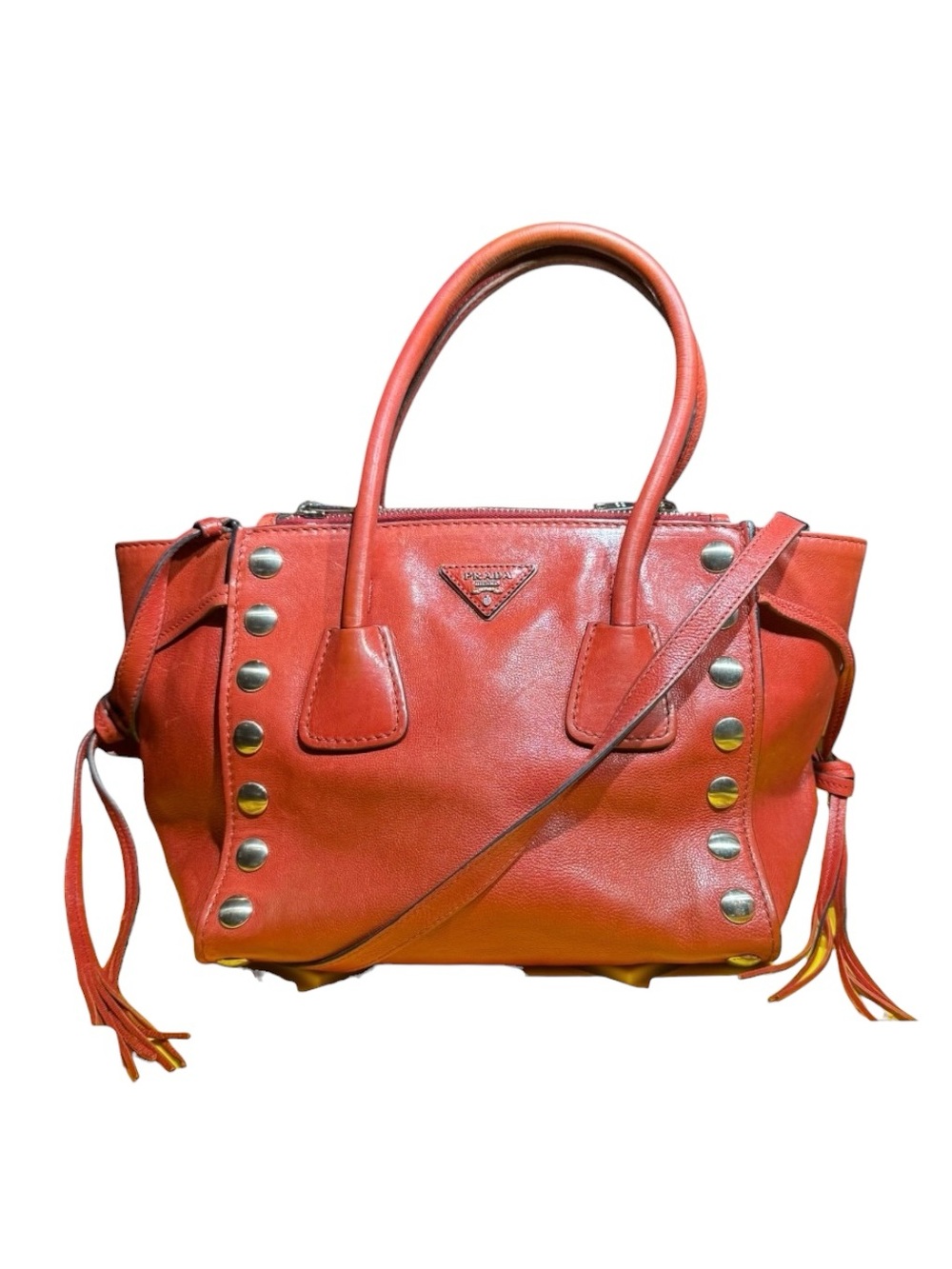 Prada Rosso Red Glacé Leather Studded Twin Pocket 2way Satchel Tote Vintage Auth